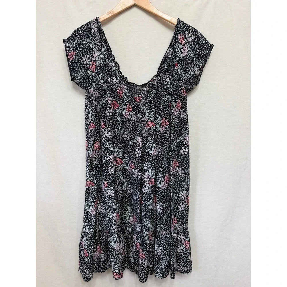 Free People Vintage Floral Viscose Cotton Smocked Dress Women XS Black | Boho